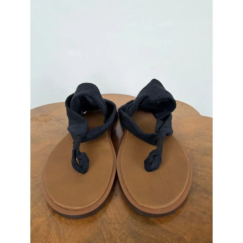 NWT Sanuk Yoga Devine Black Perforated Strap Sling Sandals Flip Flops Size 10